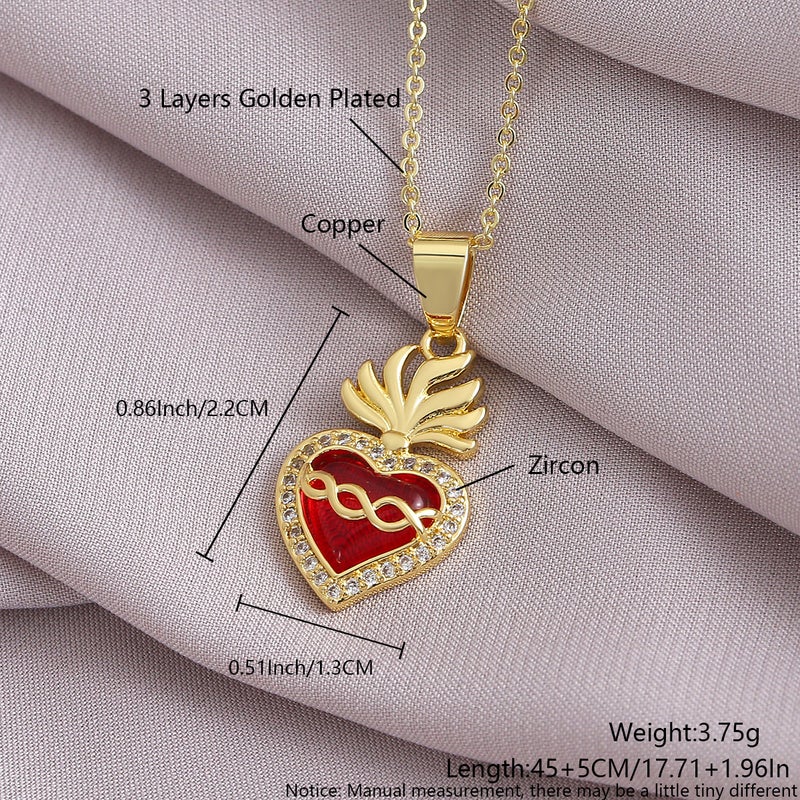 Red Heart-Shaped Zircon Cross Pendant Necklace Sacred Heart Necklace Copper Gold-Plated Peach Heart Necklace - Image 1